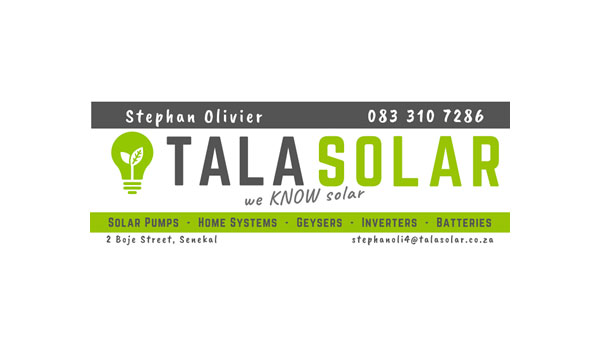 Tala Solar - Starting from small beginnings, Stephan Olivier began Tala Solar in 2013, selling and installing solar pumps.  He began building a substantial customer base especially with the farming community, and in 2015 he slowly began to venture into the residential market. Today, Tala Solar designs and installs all sizes residential and commercial solar systems.